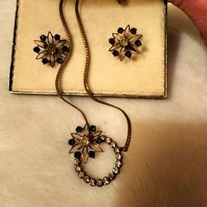 Vtg PJC moon circle flower Clear Crystals dark sapphires Brass jewelry set NOS